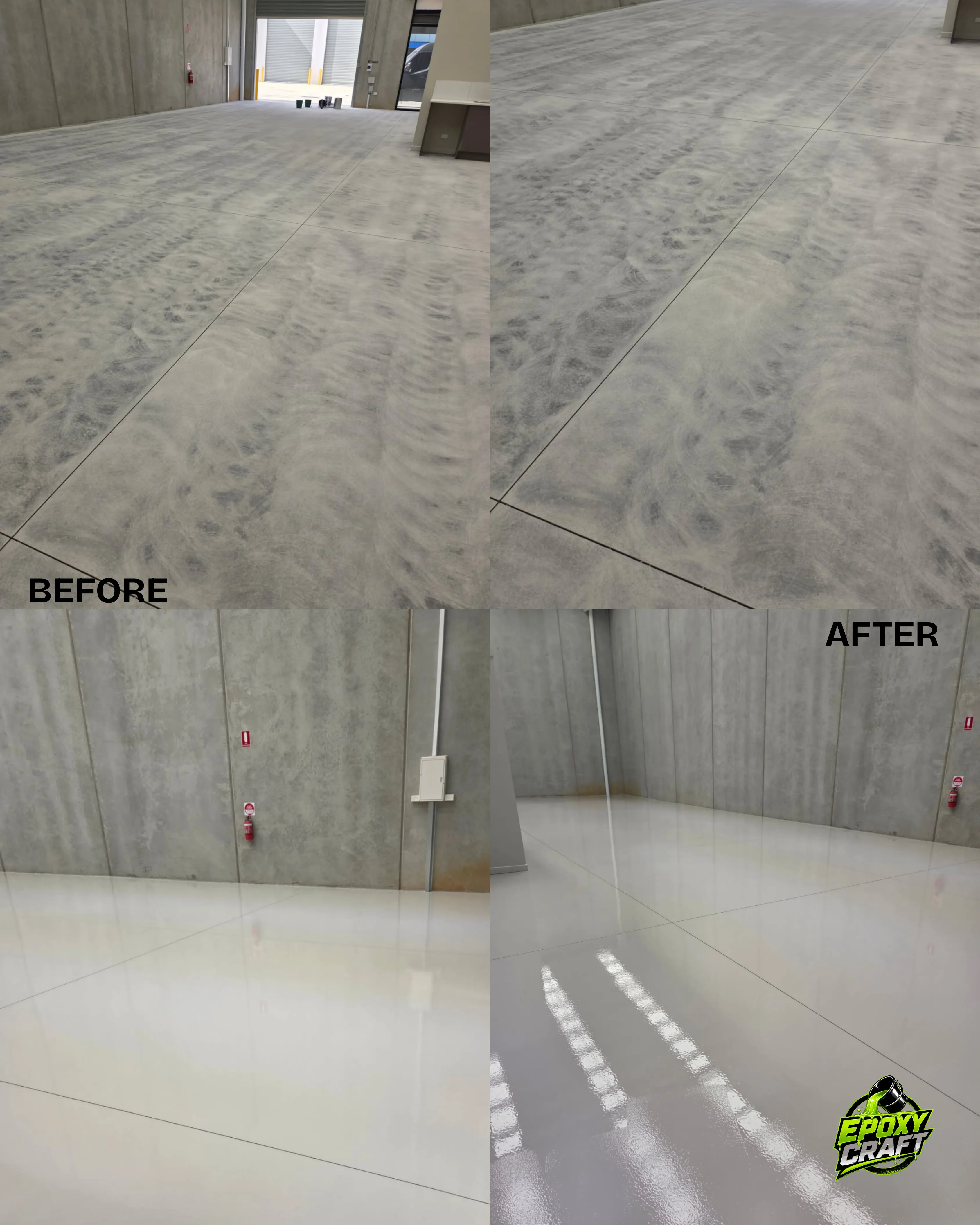Before and after comparison of a warehouse floor transformed with epoxy coating