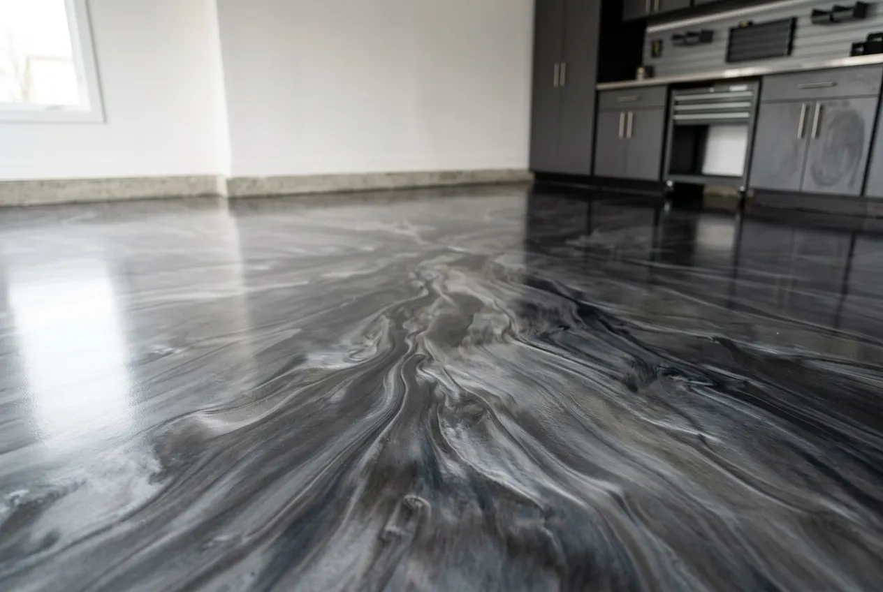 Swirled charcoal and silver metallic epoxy floor with a high-gloss finish